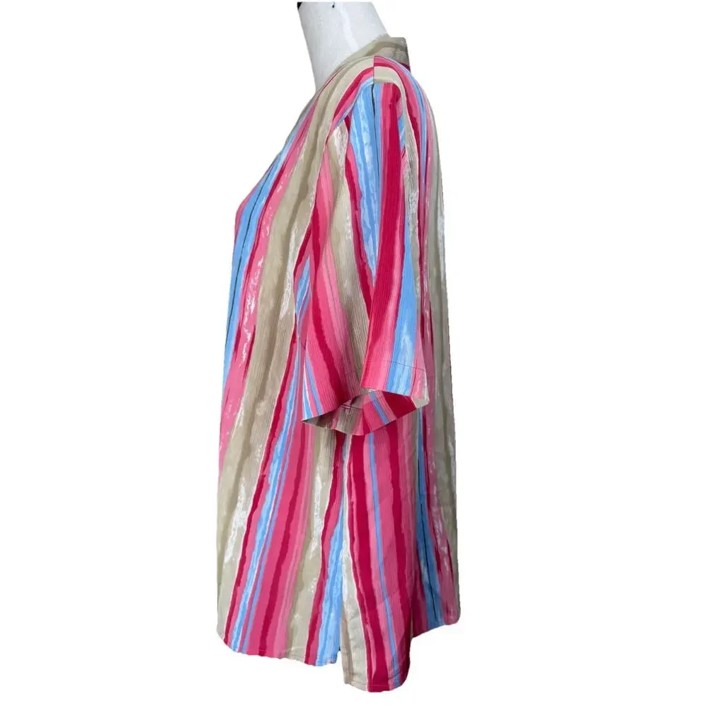 Vintage 80s Alia Striped Blouse Top 18W Button Up Short Sleeves Shoulder Pads - Picture 6 of 12